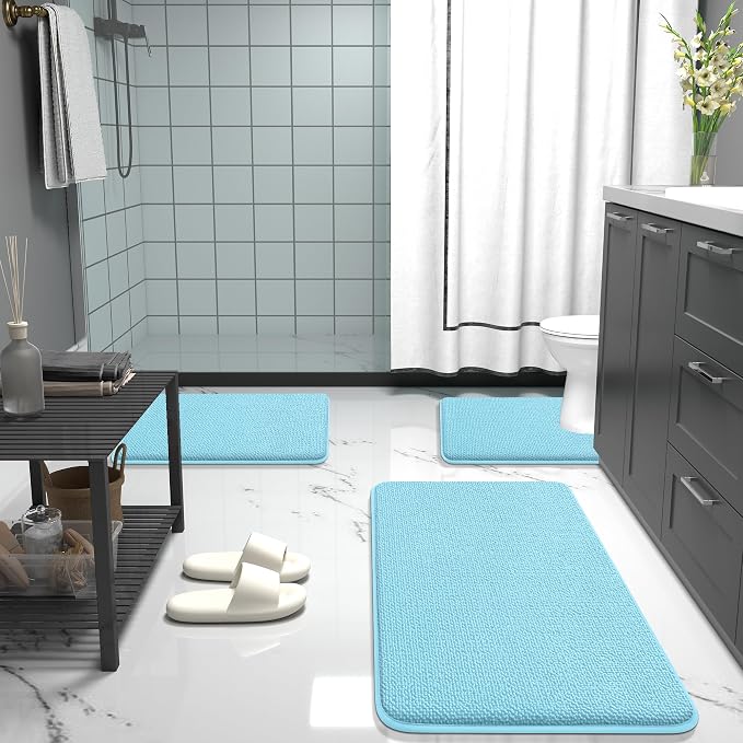 OLANLY Thick Memory Foam Bathroom Rugs 30x20, Absorbent Bath Mat, Sky Blue | Soft Quick Dry Bath Rugs, Non-Slip, Machine Washable Carpet for Bathroom Floor, Tub and Shower, Home Decor Accessories