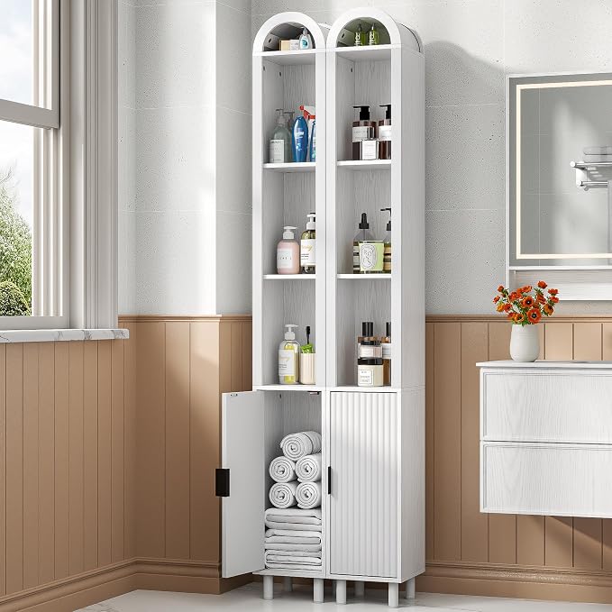 Narrow Bathroom Storage Cabinet, Tall Arched Small Wood Cabinet, Slim | Mid Century Modern White Towel Cabinet, Fluted Doors, 4 Tier Shelves, Wooden Display Cabinet for Living Dining Room, Skinny