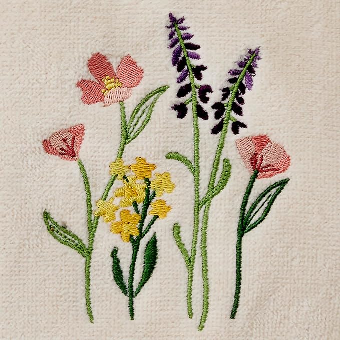 SKL Home Meadow Bouquet Hand Towel Set-2pc, Embroidered, Natural | 100% Cotton. Soft, decorative velour. For use in the bathroom, kitchen or bar & makes a great gift.