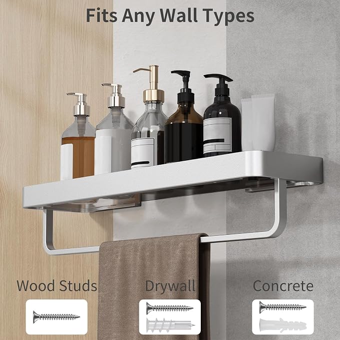 20 Inch Long Floating Bathroom Shelf with Towel Bar, Clear Tempered Glass Wall Shelf for Bathroom Storage Organizer, Matte Silver