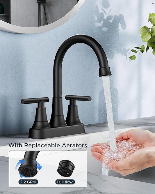 FORIOUS Matte Black Bathroom Faucets, 4 Inch Centerset Bathroom Sink Faucet | Rv Black Faucet for Bathroom Sink 2 or 3 Hole, Two Handle Vanity Faucet Centerset with Drain, Hose, 360° Spout for Restroom