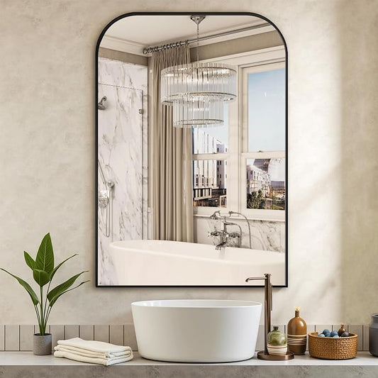 40"x28" Black Metal Framed Bathroom Mirror for Over Sink | Rounded rectangle shape. Shatterproof HD glass, all mounting hardware for bathroom, bedroom, entryway.