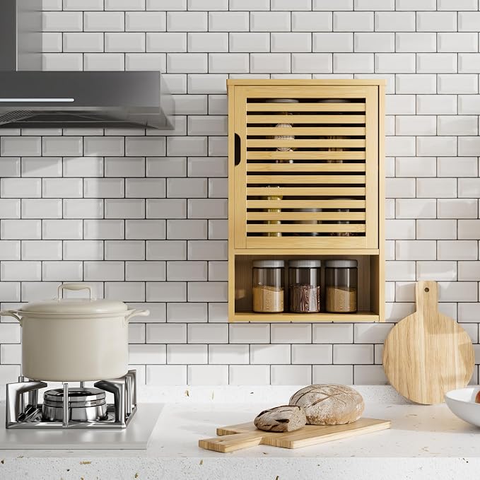HITNET Bathroom Wall Cabinet, Medicine Cabinet Over the Toilet, Bamboo Hanging Storage Organizer with Single Door and Open Bottom Shelf, for Kitchen Living Room, Natural