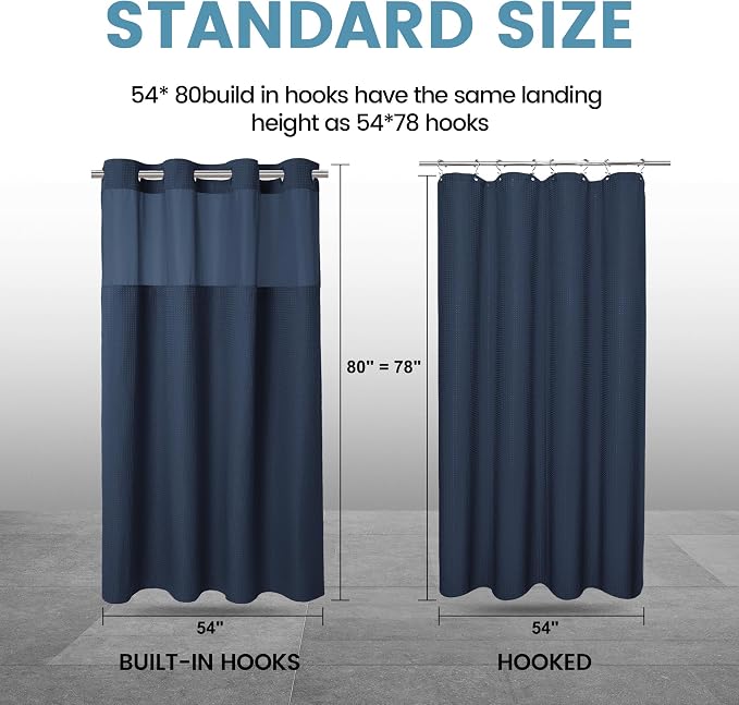 EUTXL Heavyweight No Hook Shower Curtain with Liner, Navy Blue, 54x80 | Snap in Liner, Thick Waffle Fabric, Hotel Quality, Corner Magnets, Waterproof & Washable