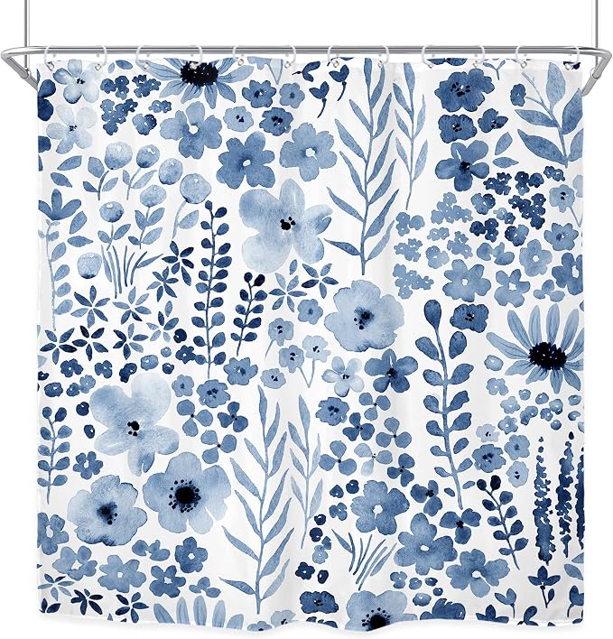 Navy Blue Floral Wildflower Watercolor Flower Bathroom Shower Curtain Set | 72"W x 72"H Leaves Botanical; waterproof HD print, quick-dry fabric with 12 hooks for easy hanging.