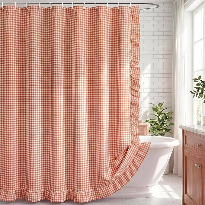 HunnmingRe Ruffled Gingham Shower Curtain Orange | 72'' x 72'' Vintage Farmhouse Curtain, Cotton Cottage Core Rural Checkered Plaid Decor, Fall Shower Curtain for Bathroom