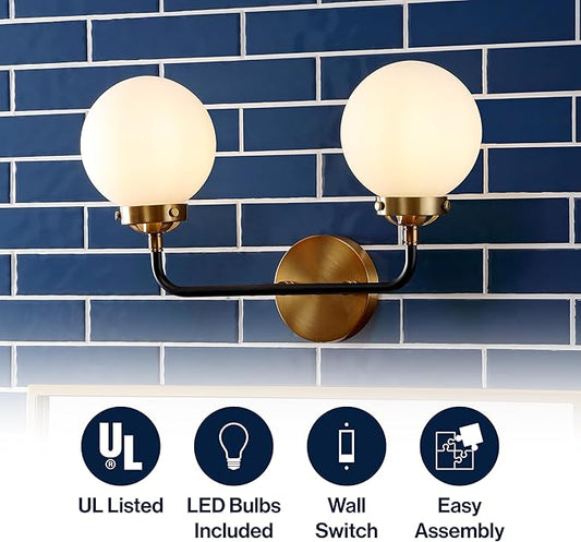 JONATHAN Y 18" Brass Gold/Black/White 2-Light LED Wall Sconce Vanity Lighting, Clear Glass Globe Shade Modern Contemporary Sconce for Bathroom Mirror, Hallway, UL Listed (JYL9057B)