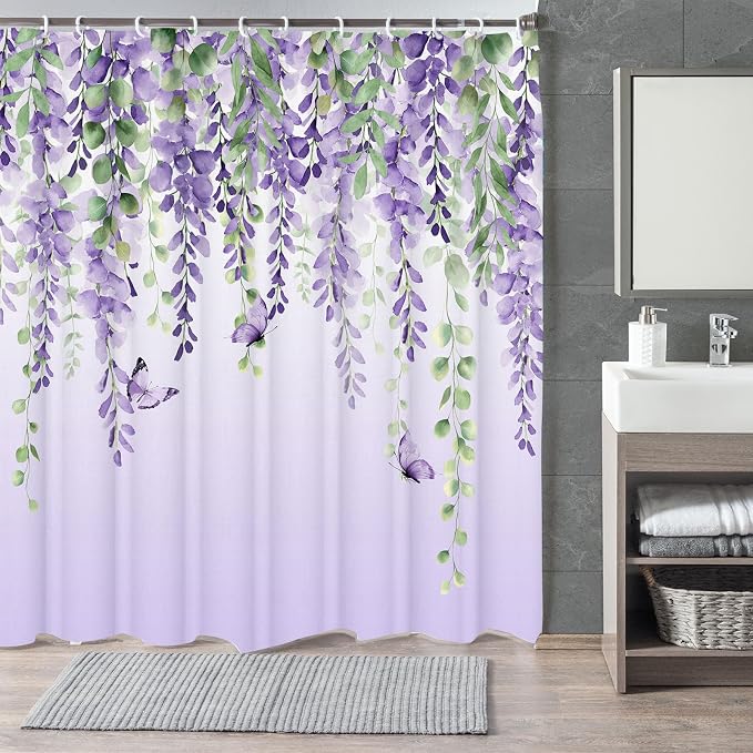 Purple Flower Shower Curtain, Lavender Vines Butterfly Shower Curtains for Bathroom, Farmhouse Bathtub Curtain Set, Lilac Floral Fabric Shower Curtains with 12 Hooks, 72X72 Inches