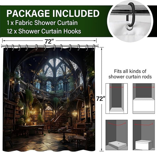 Gothic Library Bookself Shower Curtain,Witchy Dark Green Plant Aesthetics Shower Curtains Funny Waterproof Polyester,Medieval European Castle Architecture Bathroom Decor,72x72 Inch