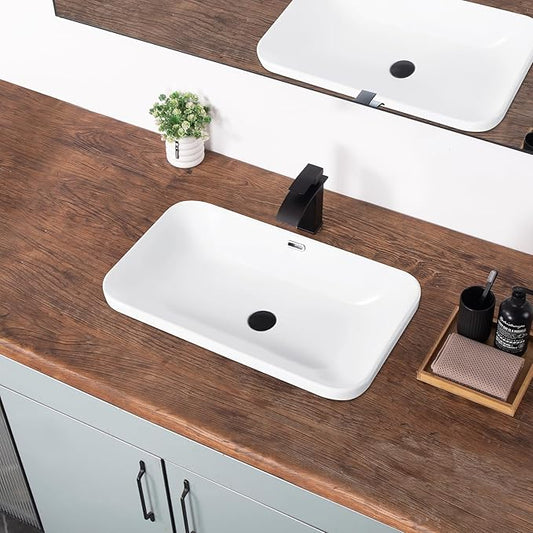 Bathroom Vessel Sink 27.3" X 15.5" Semi Recessed Bathroom Sink White | Drop In Bathroom Sinks with Overflow Rectangular Ceramic Vessel Sinks for Bathroom Modern Above Counter Basin Vanity Sink