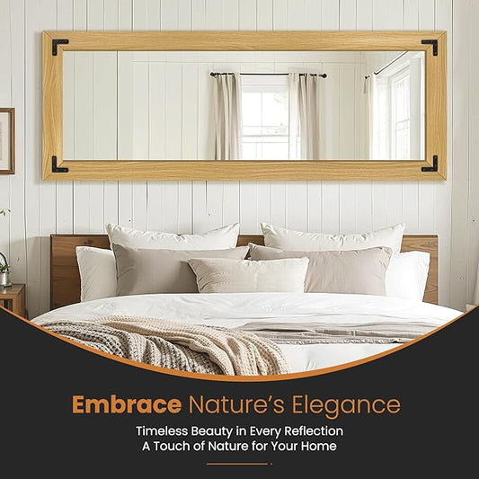 Full Length Mirror with Wooden Frame, 65"X24" Solid Wood Standing Floor Mirror for Farmhouse, Bathroom, Bedroom, Hanging or Leaning Wall-Mounted(Natural)