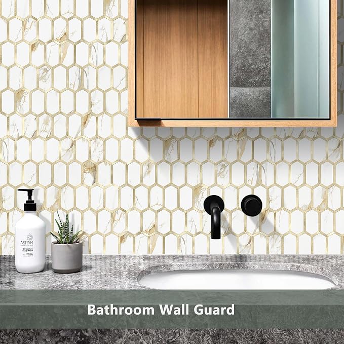 Vamos Tile Long Hexagon Peel and Stick Tile Backsplash - 10 Sheets Stick on Backsplash for Kitchen and Bathroom Calacatta Gold Mixed Metal Light Gold PVC Self Adhesive Mosaic Wall Tiles(Seamless)