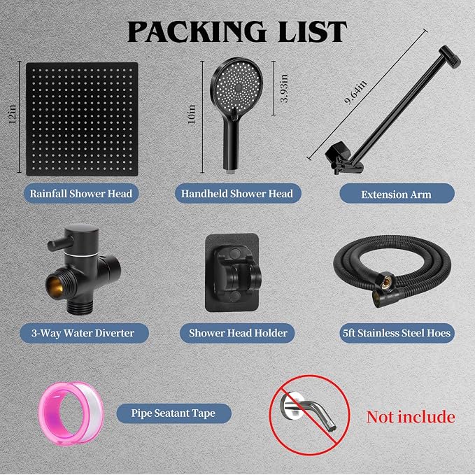 12 Inch Shower Head, Rain Shower Head with Adustable Extension Arm, Detachable Matte Black Rina Shower Head with Handheld Spray, High Pressure Shower Hose with Holder in Bathroom(Black)