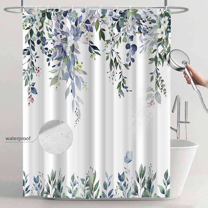 Dark Green Floral Eucalyptus Shower Curtain with Hooks, 72x78 Inch | Waterproof Fabric, Watercolor Leaves and Floral, Botanical Style, Machine Washable, Quick-Drying, for Hotel Bathroom