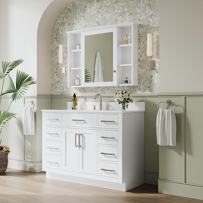 48-Inch Bathroom Vanity with Sink W/ 2 Doors & 8 Drawers & 1 Flip Drawer, White Vanity W/Brushed Nickel Handles