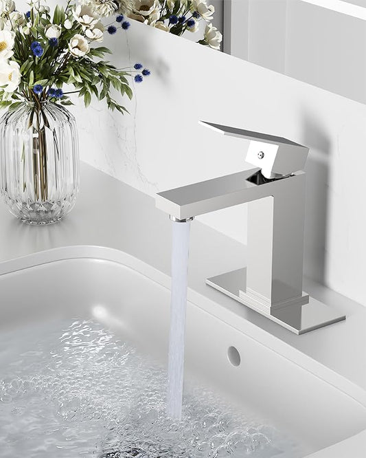 Midanya Bathroom Faucets 1 Hole, Single Handle Stainless Steel Bathroom Sink Faucet, Modern Vanity Faucets with Deck Plate,Water Supply Hoses and Pop Up Drain,Polish Chrome