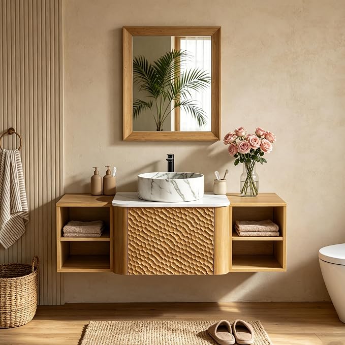 48 Inch Modern Bathroom Vanity with Ceramic Sink, Floating Bathroom Sink Cabinet with Sintered Stone Top&Solid Wood Hammered Frame, Single Bathroom Vanities w/Soft-Close Drawer&2 Side Open Cube