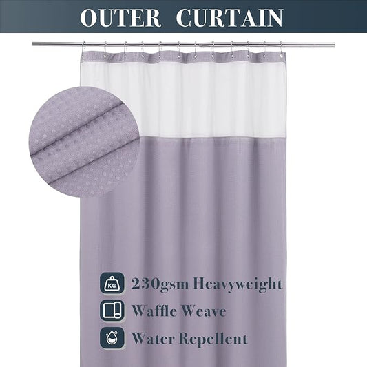 N&Y HOME Waffle Weave Shower Curtain with Snap-in Liner 71x72, Lavender | 12 Metal Hooks Included, Snap on Fabric Liner, Mesh Window, Washable, Hotel Style Shower Curtain Set for Bathroom