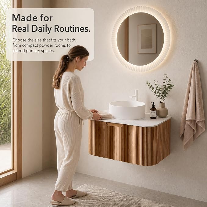 30 Inch Bathroom Vanity with Sink, Floating Wall Mounted Single Sink Vanity, Natural Woodgrain Curved Fluted Front, Stone Top, Pure White Round Vessel Basin, Pre-Assembled