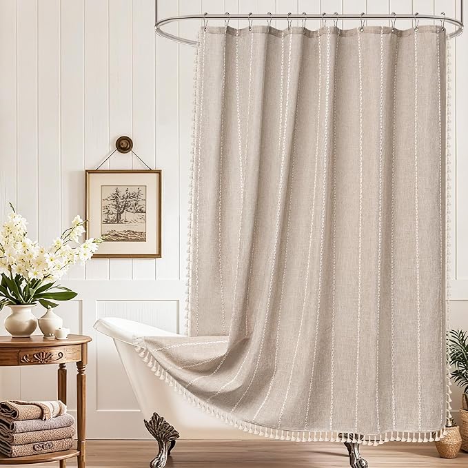 Seenus Boho Farmhouse Linen Shower Curtain with Tassels, Tan Brown Heavyweight Soft Fabric Shower Curtain Striped, 72 x 72 Inch Taupe Water Repellent Rustic Country Bathroom Curtain Wrinkle-Free
