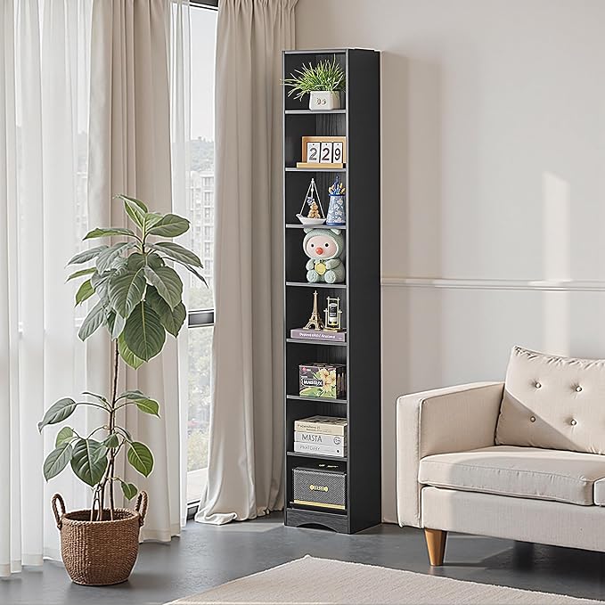 VECELO Tall Open Narrow Bookshelf, 6 Adjustable Movable Shelves, Wood Space Saving Corner Storage Rack for Small Spaces, Sleek Black