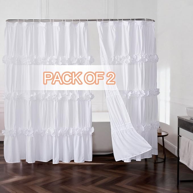 Homechoice Decor Fabric Shower Curtain 2 Pack, 72" W x 96" L x 2 Panels | Double Panels for Easy Access, Soft Brushed Texture, Elegant Ruffle Design, Hotel-Style Bathroom Décor, White (LQ-44)