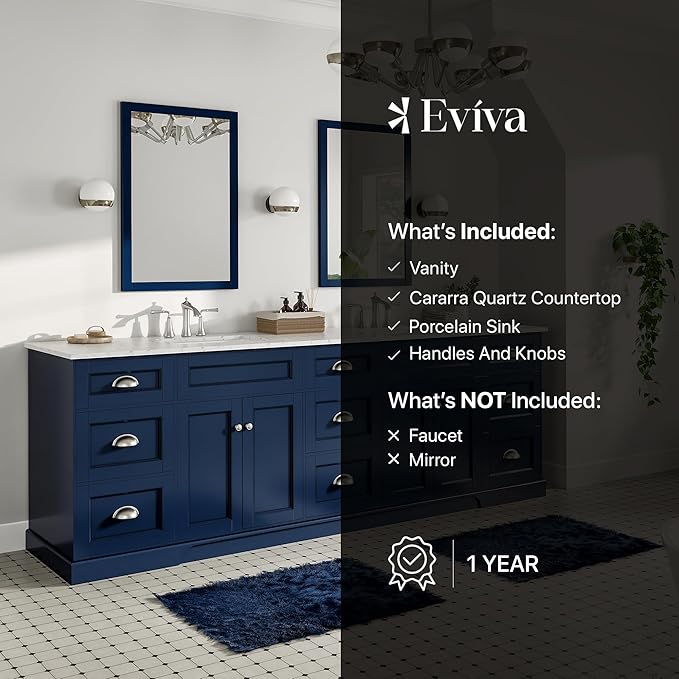 Eviva Epic 96 in. Blue Double Sink Bathroom Vanity with White Carrara Quartz Countertop