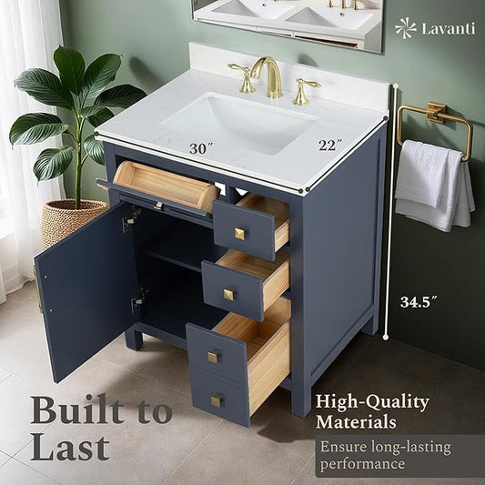 Lavanti Oakford 30 Inch Bathroom Vanity with Sink – Stylish Navy Blue Vanity Bathroom with Storage Cabinet – Modern Bathroom Vanities with Single Vanity Sink & Quartz Countertop