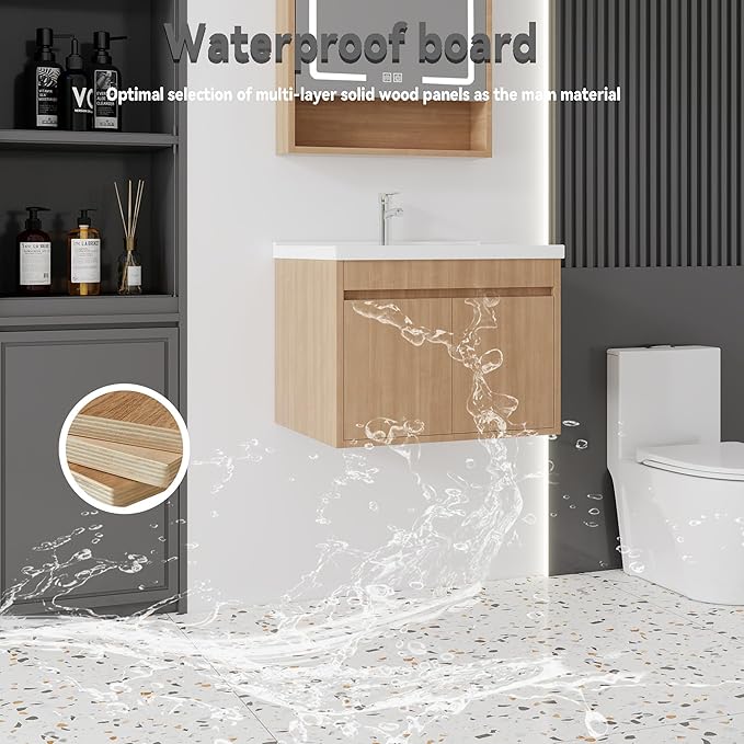 28'' Bathroom Vanity with Ceramic Sink Combo, Wall Mounted Small Bathroom Vanity with Soft-Close Door Modern Floating Cabinet, Pop-up Drain, P-Trap Included, Walnut(No Faucet)