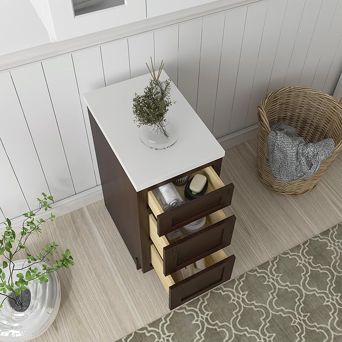 HomeBeyond 15 Inch Bathroom Vanity Base Only, Single Vanity Cabinet with 3 Dove-Tailed Drawers, Composable Floor Mount Cabinets without Top, Brown