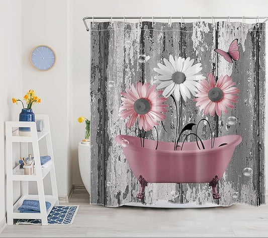 HVEST Pink and Gray Floral Shower Curtain with Hooks, Farmhouse Daisy Flower in Bathtub and Butterfly on Rustic Wood Shower Curtain Set Polyester Fabric Bathroom Decor Accessories, 72L X 72W inches