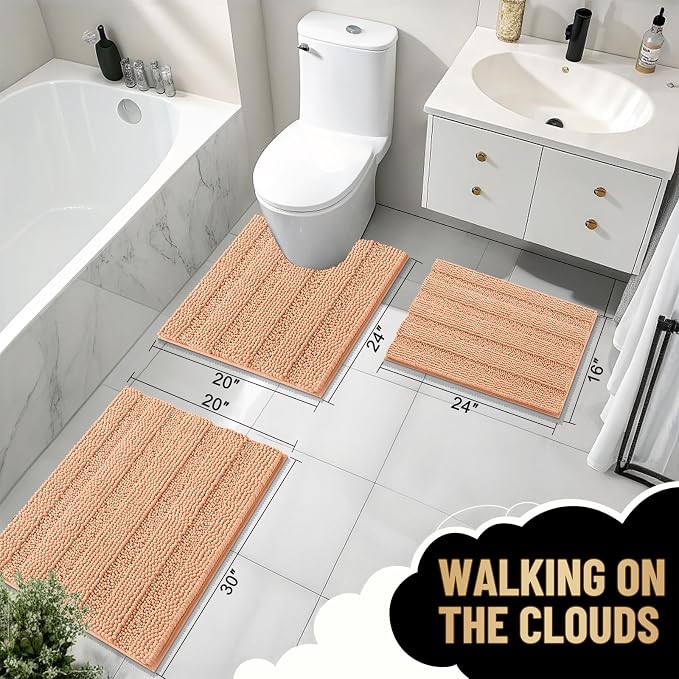OLANLY Thick Small Bathroom Rugs 24x16, Soft Chenille Bath Rugs, Peach | Rubber Backing, Machine Wash, Extra Absorbent Striped Bath Mats for Bathroom Floor, Tub and Shower, Home Decor Accessories