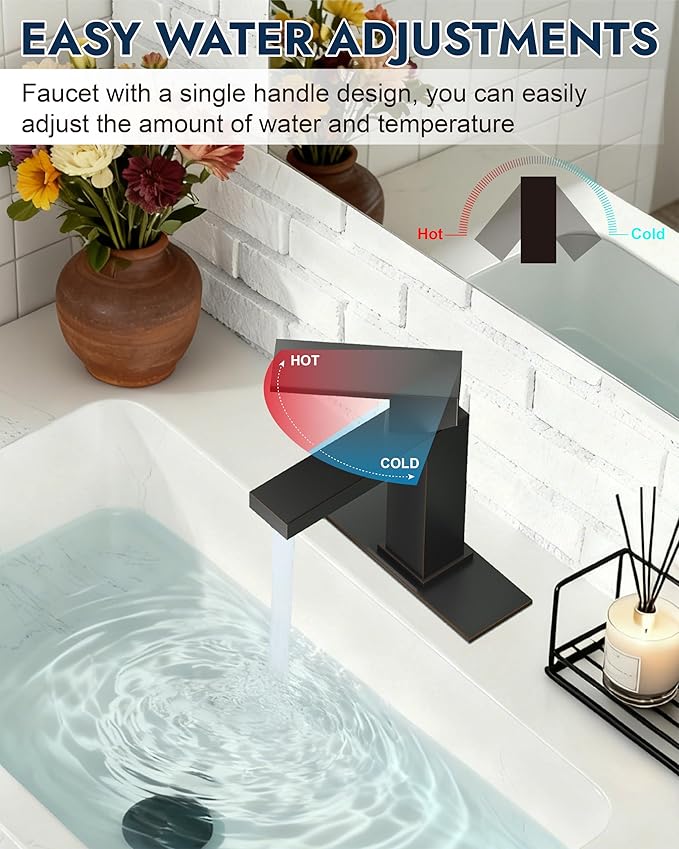 Midanya Bathroom Faucets 1 Hole, Single Handle Stainless Steel Bathroom Sink Faucet, Modern Vanity Faucets with Deck Plate,Water Supply Hoses and Pop Up Drain,Oil Rubbed Bronze