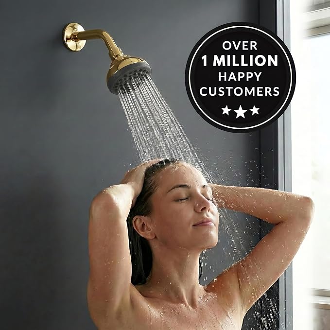 Aqua Elegante Pressure Boosting Shower Head - 1.8 GPM - Polished Brass | 3 Inch Wall Mount, Water Saving Showerhead, Best For Low Flow Showers With Anti-Clog Nozzles & Adjustable Brass Fitting