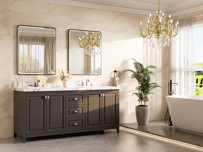 Black Mirrors for Wall 30 x 36 Beveled Edge Tempered Glass, Rounded Corner Rectangle Framed Mirror for Modern Bathroom, Living Room, Bedroom, Entryway