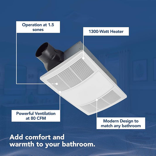 Broan-NuTone Non-Lit PowerHeat Bathroom Exhaust Fan and Heater, 80 CFM, 1.5 Sones, White