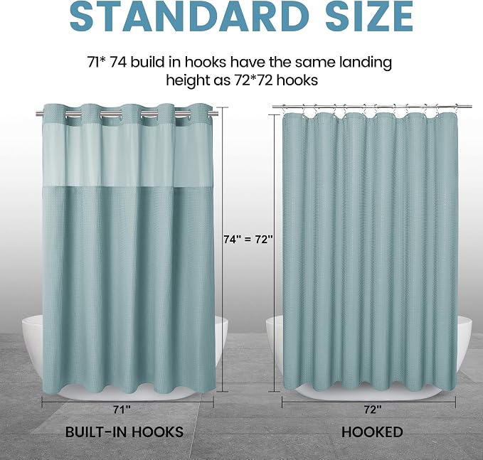 EUTXL Heavyweight Waffle No Hook Shower Curtain with Liner, Fog Blue, 71x74 | Snap in Liner, 256GSM, Thick, Hotel Luxury Spa, Waterproof Fabric, Corner Magnets, 3 in 1 Set, Washable, Hang in Seconds