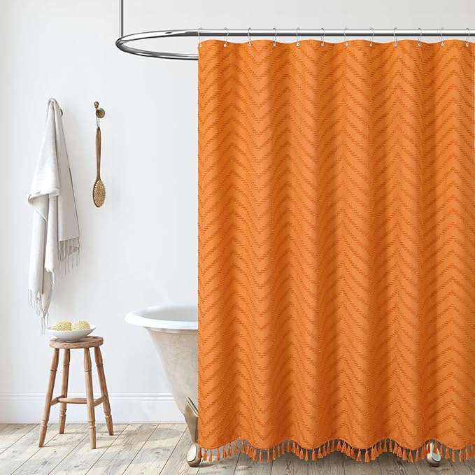 Extra Long Boho Shower Curtain Tufted Chevron 72"x96" Burnt Orange | 96 Inch Tall, Elegant Tassel, Lightweight Textured Fabric, Water Repellent, Washable, Hotel Spa, for Bathroom/Dorm 12 Hooks