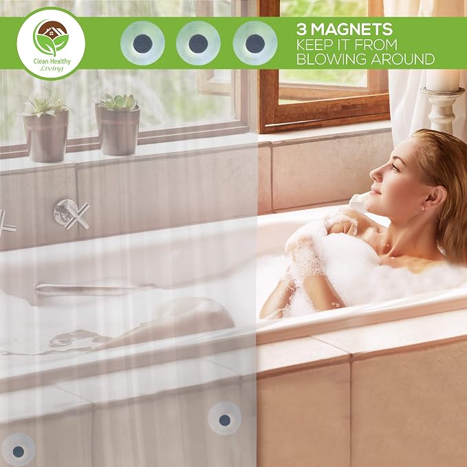 Clean Healthy Living PEVA Shower Curtain Liner, Clear, 70 x 71 in, Premium | Premium PEVA shower liner, Clear, 70 x 71 in; magnets and suction cups help reduce shifting along the tub or shower.