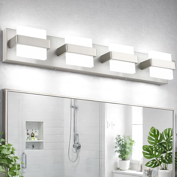 SOLFART Brushed Nickel Bathroom Light Fixtures, 4 Lights Bathroom Vanity Light,Dimmable LED Vanity Lights Nickel Vanity Lighting