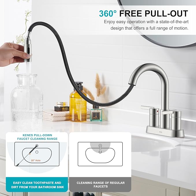 Brushed Nickel Pull Down Bathroom Faucet, 4 Inch 2 Handle Centerset | Pull Out Bathroom Faucet with Pop Up Drain & Supply Lines, Lead-Free cUPC & NSF Certified, 3 Hole Faucet for Vanity RV Bar
