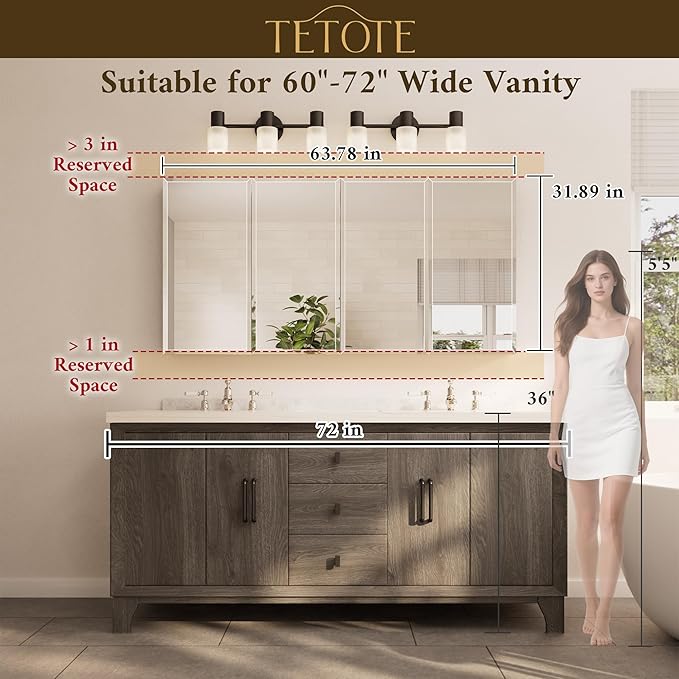 TETOTE 64 x 32 Medicine Cabinet with Tempered Beveled Mirror Black Aluminum Cabinet DTC Hinges, Stepless Adjustable Shelves, Recessed/Surface-Mounted