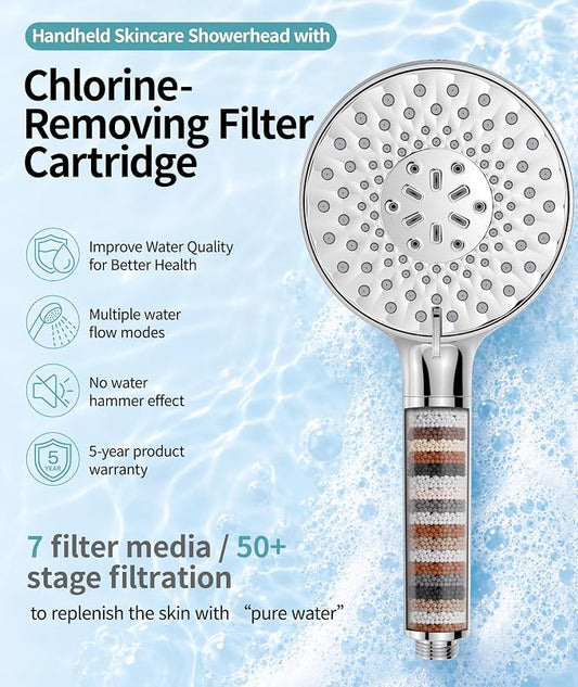 SR SUN RISE Filtered Shower Head with Handheld High Pressure 9 Spray Mode Showerhead Detachable Shower Head Water Softener Filters Beads for Hard Water Remove Chlorine 4 Filters Chrome