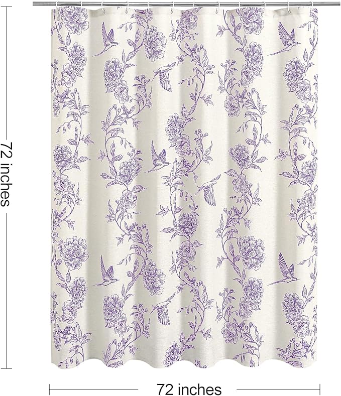 MitoVilla Purple Cotton Boho Hummingbird Shower Curtains, 72 x 72 | Purple Cottagecore Spring Shower Curtain for Bathroom, Modern Farmhouse French Country Bathroom Décor, 72x 72