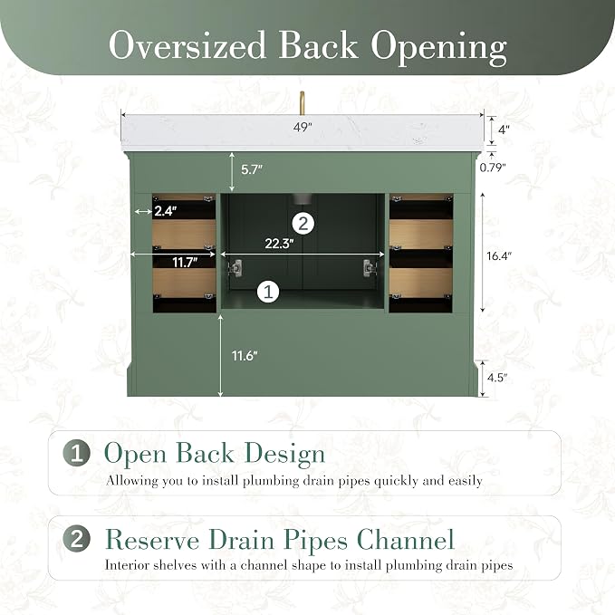 48 Inch Bathroom Vanity with Sink, Fully Assembled, Green | Bathroom Vanity with Solid Wood Frame, Carrara White Stone Countertop and Backsplash, 9 Soft-Close Dovetail Drawers