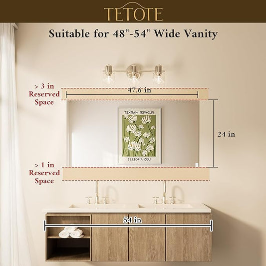TETOTE Frameless Mirror 48" x 24" Large Tempered Vanity Mirror for Wall, Bathroom, Bedroom, Entryway, Hallway, Gym, Vertically/Horizontally
