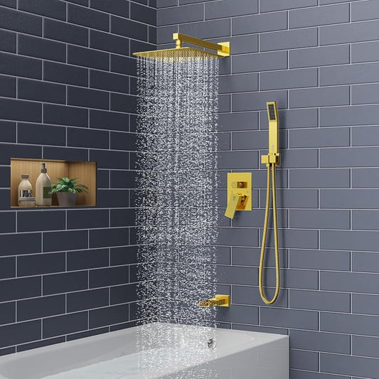 SR SUN RISE 12 Inch All Metal Square Shower System with Tub Spout, Tub Shower Faucet Set, High Pressure Rain Shower Head and Handheld Sprayer Shower Fixtues, Valve Included, Brushed Gold