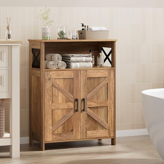 Homhedy Farmhouse Bathroom Storage Cabinet with Doors, Small Floor Cabinet | Toilet Paper Cabinet with Adjustable Shelf, Freestanding Storage Cabinet for Kitchen/Laundry/Living Room, 24"W, Rustic Walnut