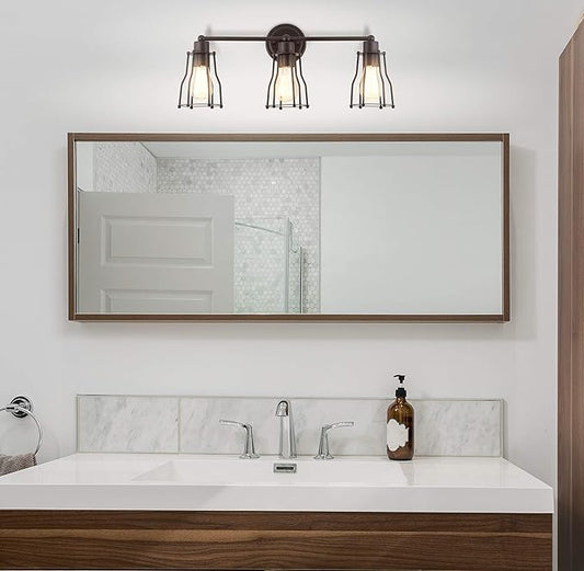 JONATHAN Y 24" Oil Rubbed Bronze Modern Industrial Metal Vanity Light, Bathroom Sconce for Mirror, Reversible 3-Light Wall Lamp with Metal Cage Shade for Hallway, LED Bulb Included (JYL7421A)
