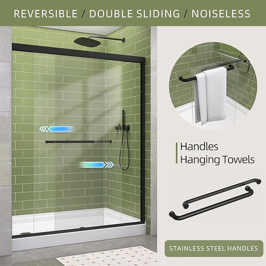 GETPRO Shower Door Double Sliding 62-66 in. W x 72 in. H Semi-Frameless Bypasss Bathroom Glass Shower Sliding Doors 1/4 inch Clear Tempered Glass Door for Walk-in Shower Matte Black